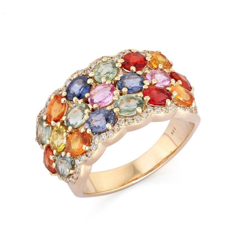 Colour Burst Sapphire 14k Or 18k Upon Request Yellow Gold Diamond Band Ring 3804$